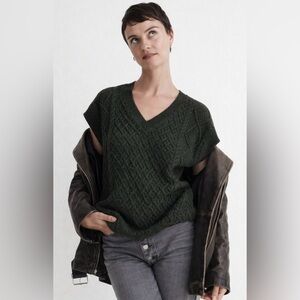 Madewell Oversized Cable Knit Sweater Vest Dark Green Wool Blend Preppy Academia